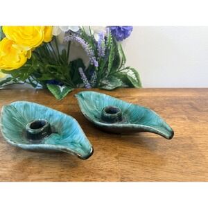 Vintage‎ Blue Mountain Pottery Leaf Candle Holders – Green Drip Glaze Pair MCM